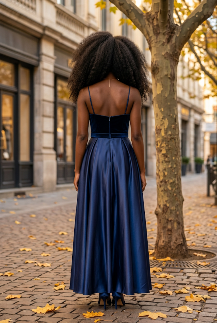 Navy Strapless Belted Velvet Bodice Gown, Size L
