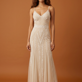 Marina Beige Fully Beaded Spaghetti Strap Gown, Size 2