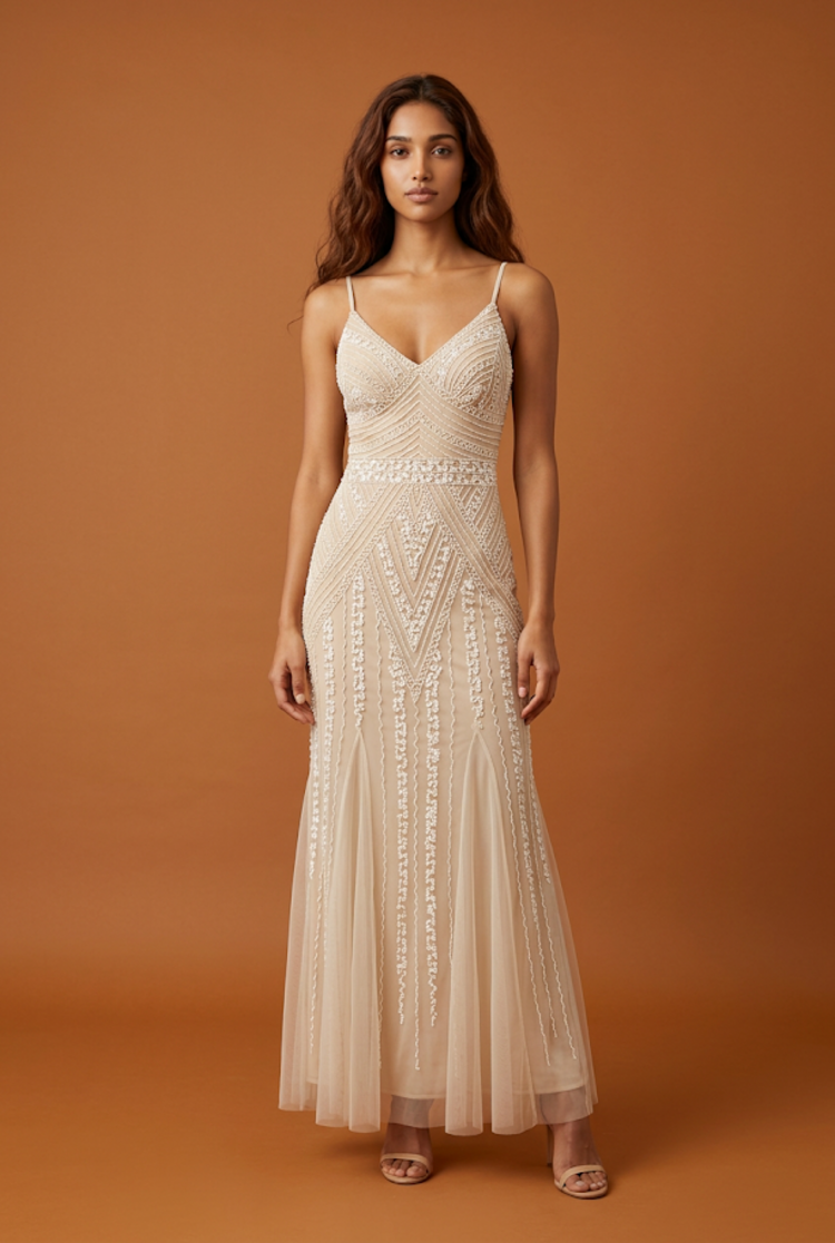 Marina Beige Fully Beaded Spaghetti Strap Gown, Size 2