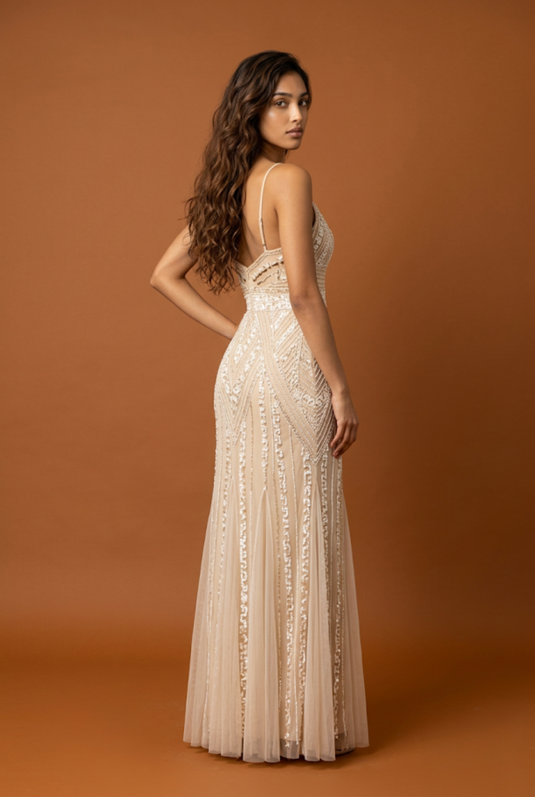 Marina Beige Fully Beaded Spaghetti Strap Gown, Size 2