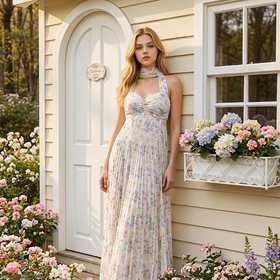 Light Blue Floral Gown with Pleated Skirt, Size 8