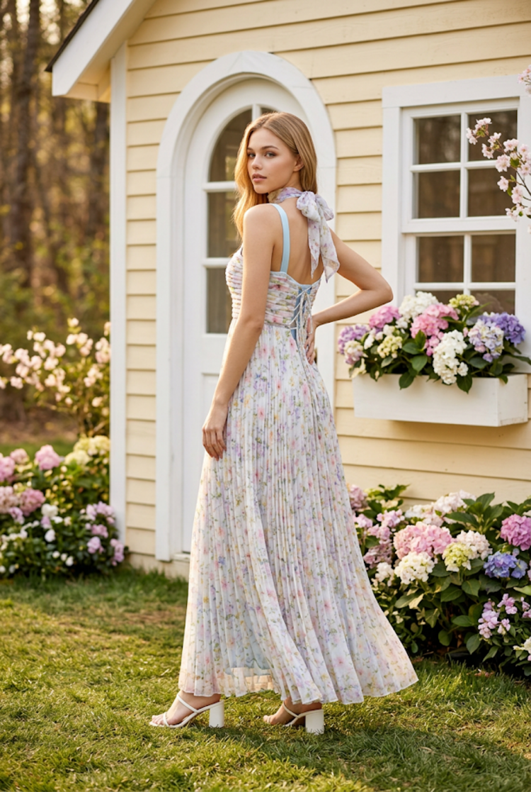 Light Blue Floral Gown with Pleated Skirt, Size 8
