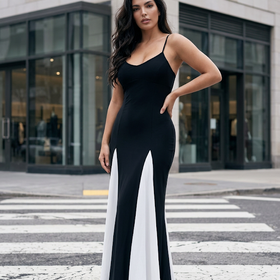 Black Maxi Dress with White Godets, Size M