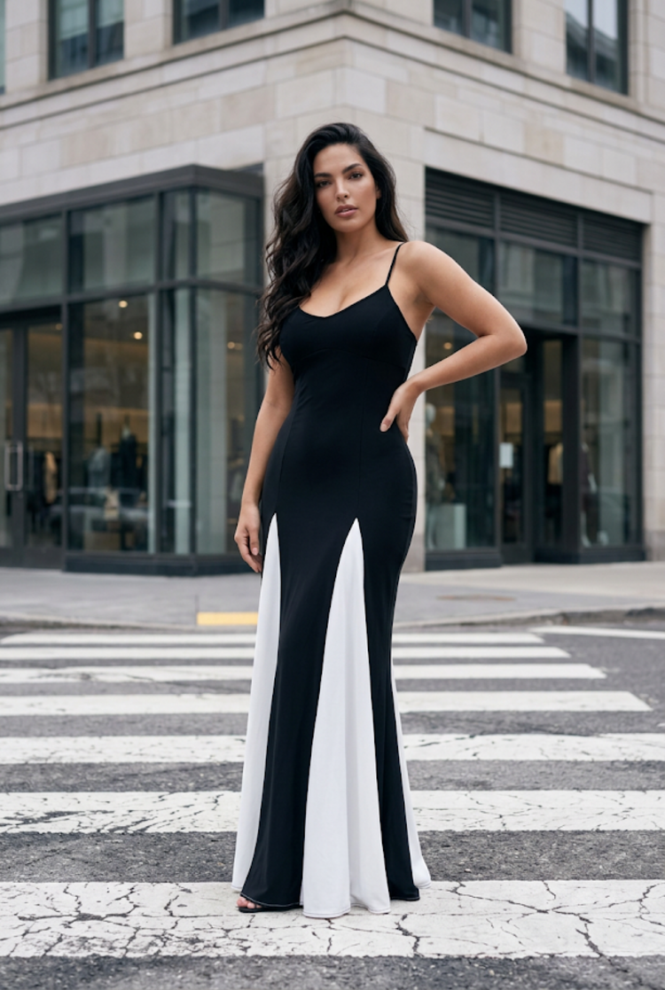 Black Maxi Dress with White Godets, Size M