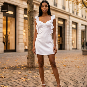 White Satiny Ruffled Dress, Size 0