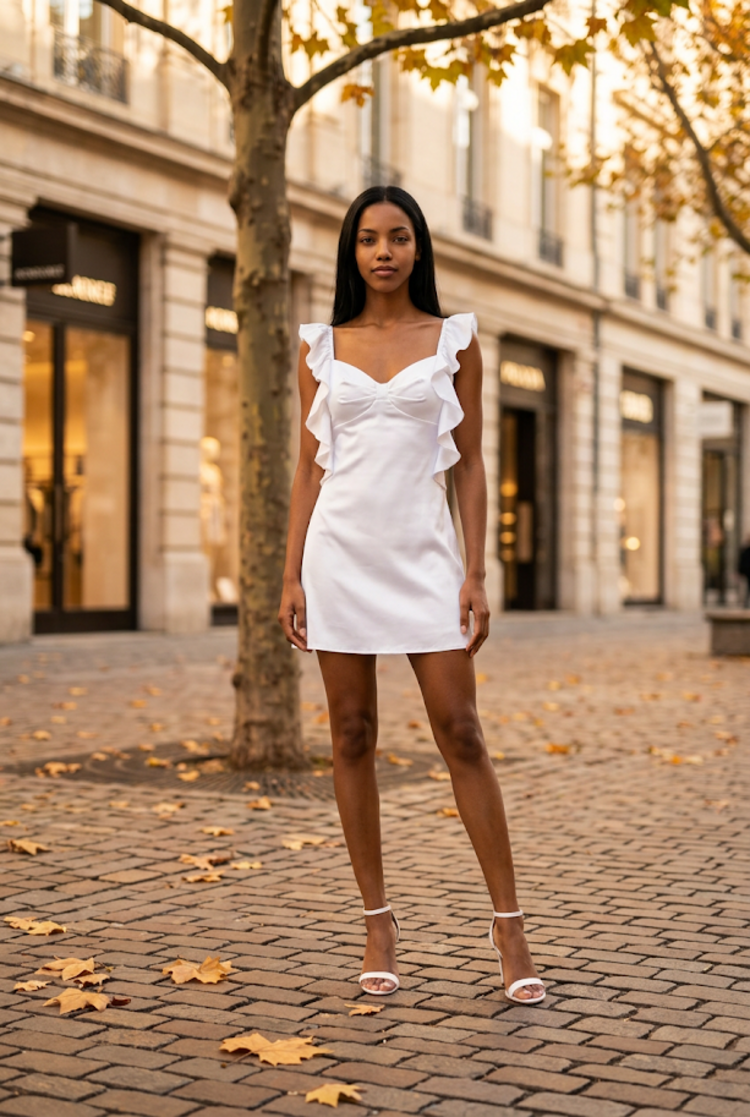 White Satiny Ruffled Dress, Size 0