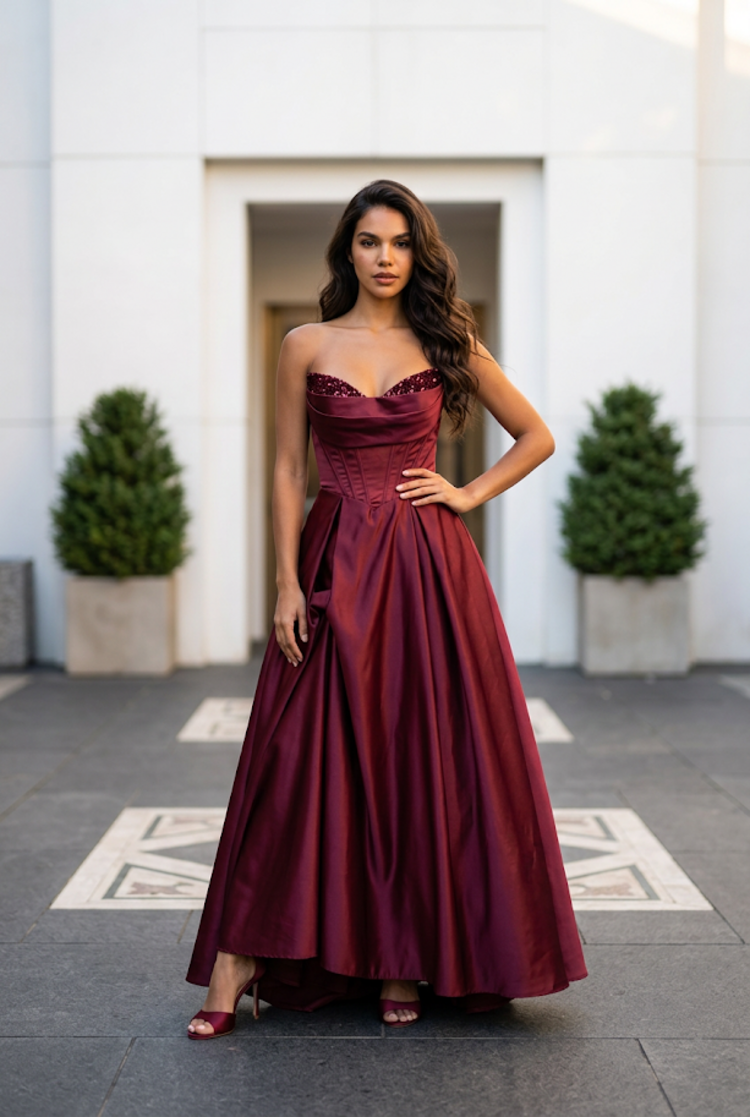 Red Strapless Corset Style Gown, Size 14
