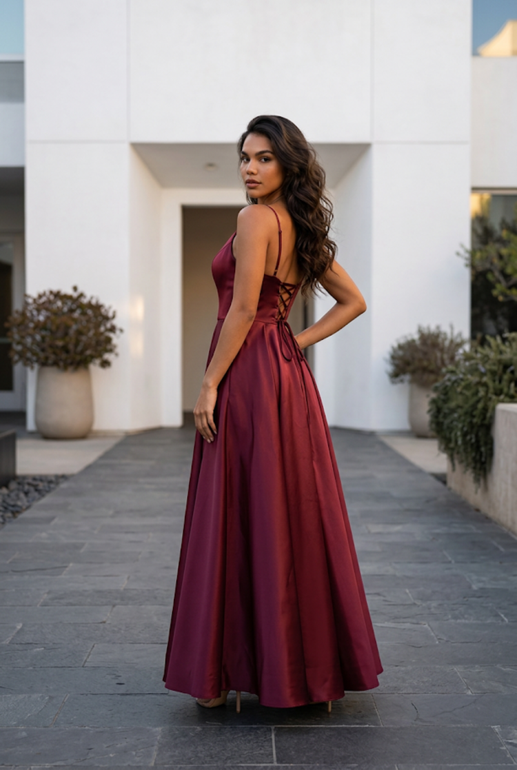 Red Strapless Corset Style Gown, Size 14