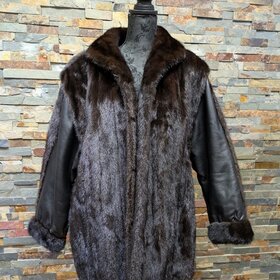Dark Ranch Mink Bomber Jacket with Leather and Fur Sleeves, size Large