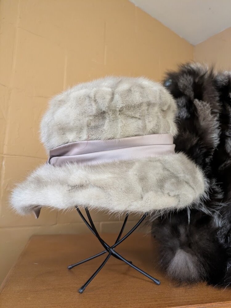 Pieced Sapphire Silver Mink Sunday Hat with Lavender Satin Bow, OS