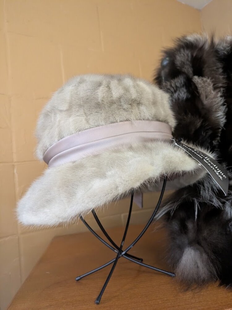 Pieced Sapphire Silver Mink Sunday Hat with Lavender Satin Bow, OS