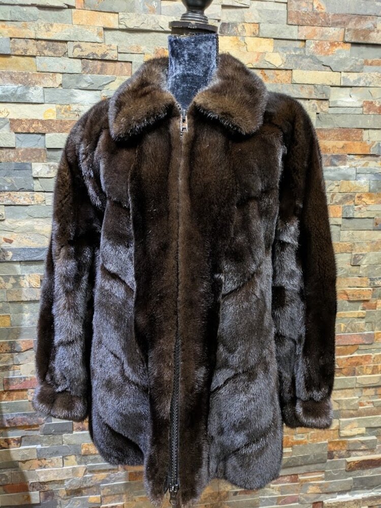 Andre Furs Dark Brown Ranch Mink Bomber with Diagonal Design Large
