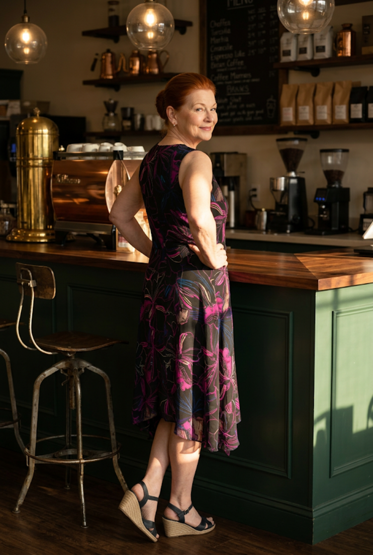 DKNY Black Floral Print  Dress with Uneven Hemline, Size 16