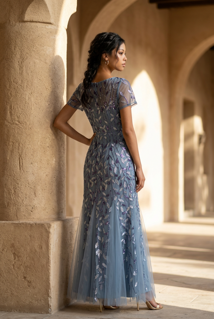 Blue Gray Sequin and Leaves Embellished Overlay Gown, Size S