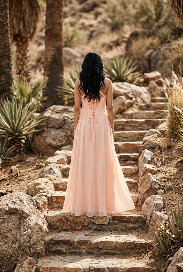 Pale Peach Ruched Bodice Gown with Lace Up Back, Size M