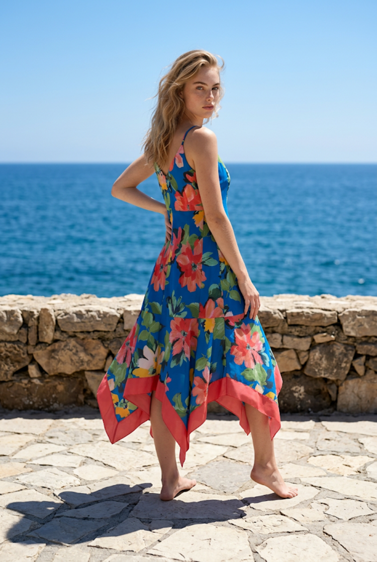 Adrianna Papell Royal Blue with Tropical Flral Print Sundress, Size 16