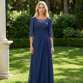 Blue Mesh Embroidered Bodice Gown with Infinity Sleeve, Size 10