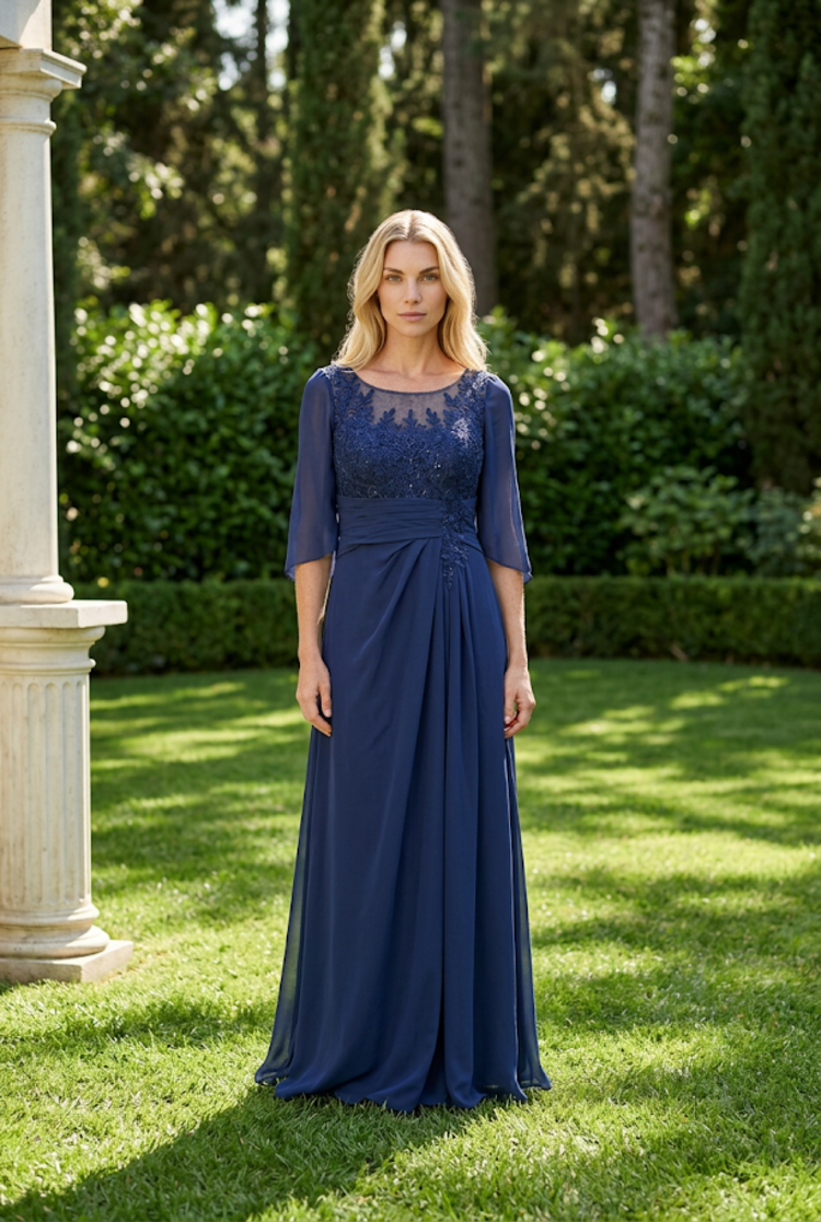 Blue Mesh Embroidered Bodice Gown with Infinity Sleeve, Size 10