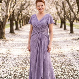 Lavender Burn-out Floral Gown with Flutter Sleeves, Size 16W