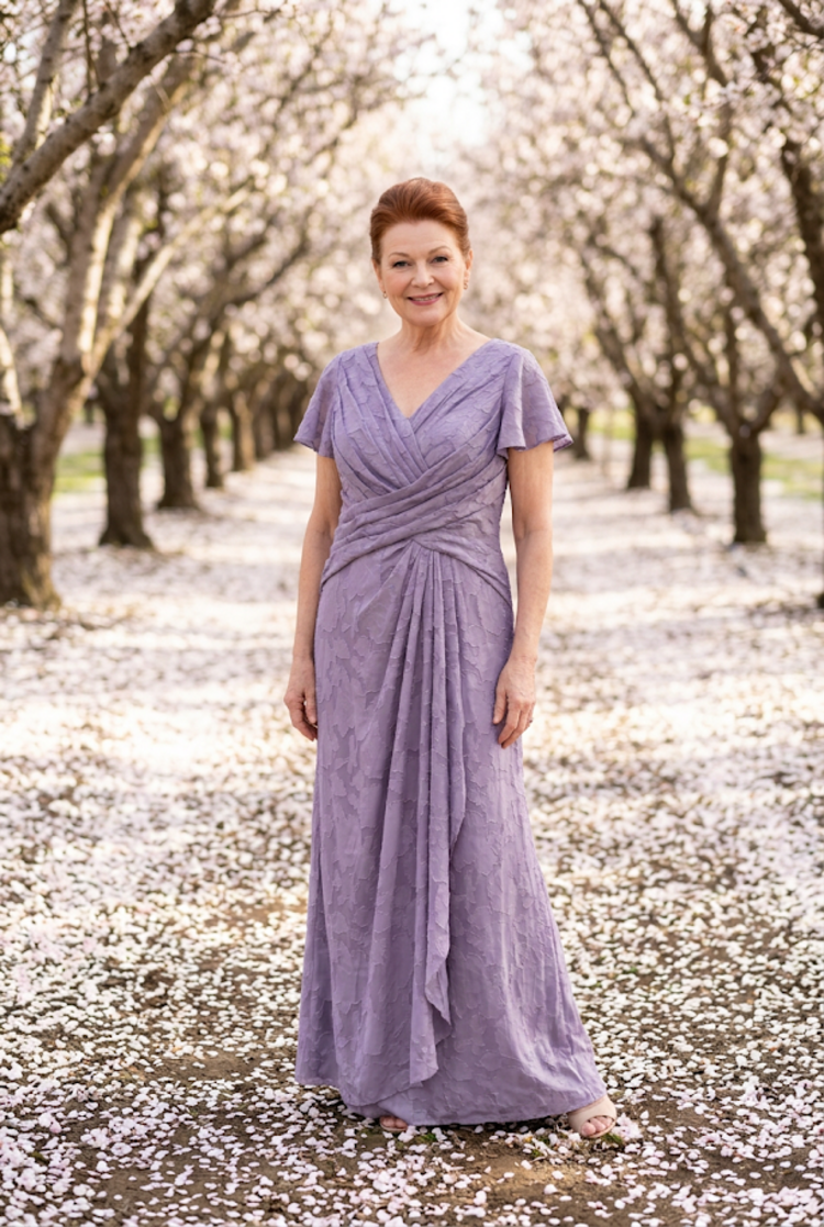 Lavender Burn-out Floral Gown with Flutter Sleeves, Size 16W
