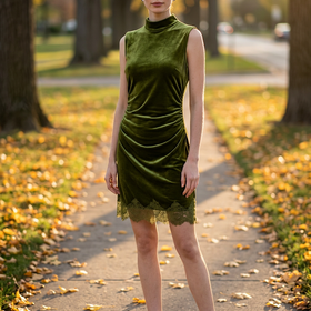 Green Velvet Dress with Lace Trim, Size L