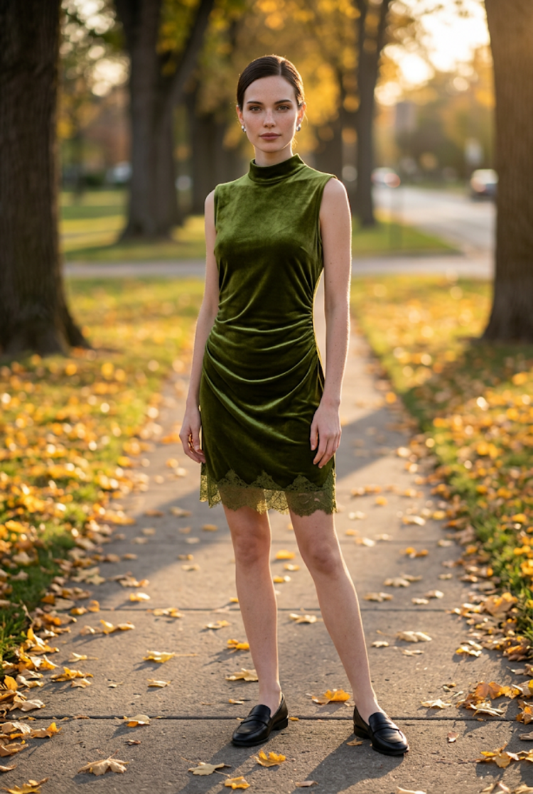 Green Velvet Dress with Lace Trim, Size L