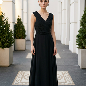 Black Pleated and Beaded Bodice Gown with Lace Up Gown, Size 12