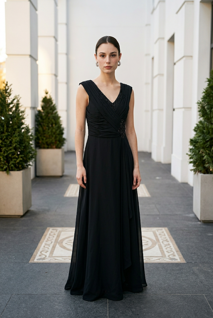 Black Pleated and Beaded Bodice Gown with Lace Up Gown, Size 12