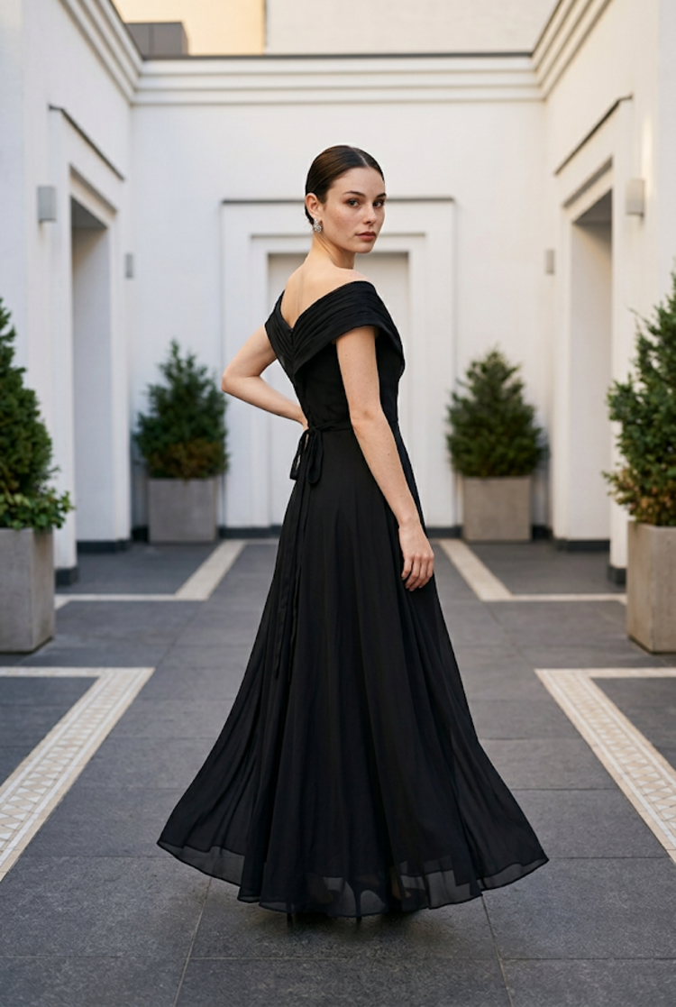 Black Pleated and Beaded Bodice Gown with Lace Up Gown, Size 12