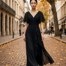 Black Flutter Sleeve Gown with Lace Up Back, Size 4