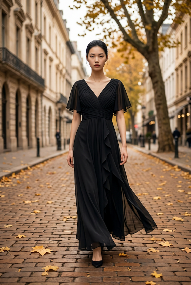 Black Flutter Sleeve Gown with Lace Up Back, Size 4