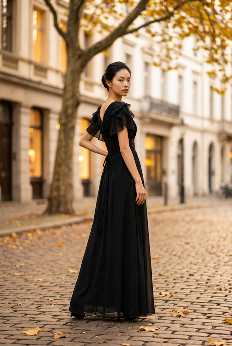 Black Flutter Sleeve Gown with Lace Up Back, Size 4