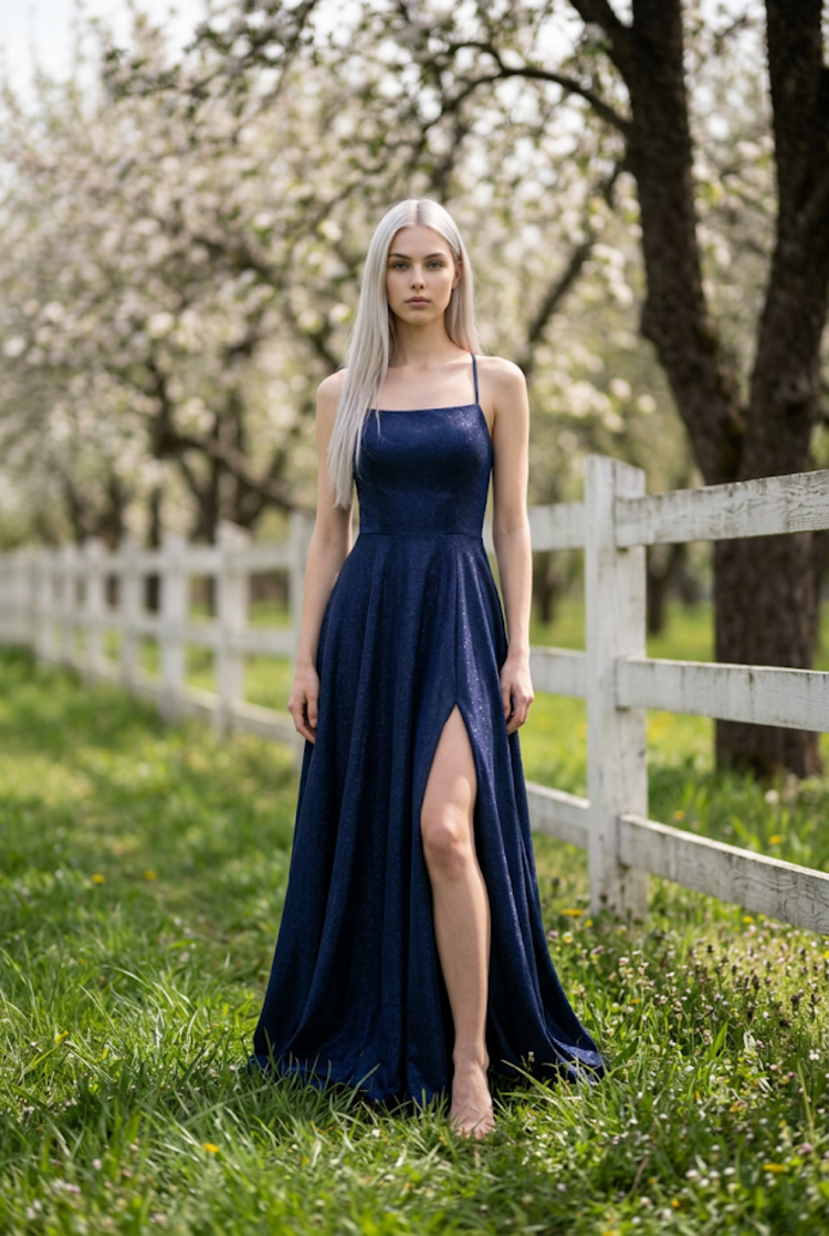Blue Shimmer Gown with Lace Up Back, Size 11/12