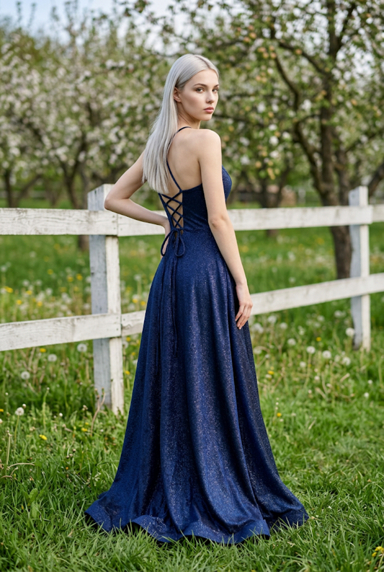 Blue Shimmer Gown with Lace Up Back, Size 11/12