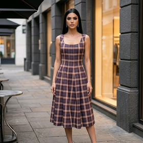 Brown Plaid Dress with Pockets and Lace Up Back, Size S