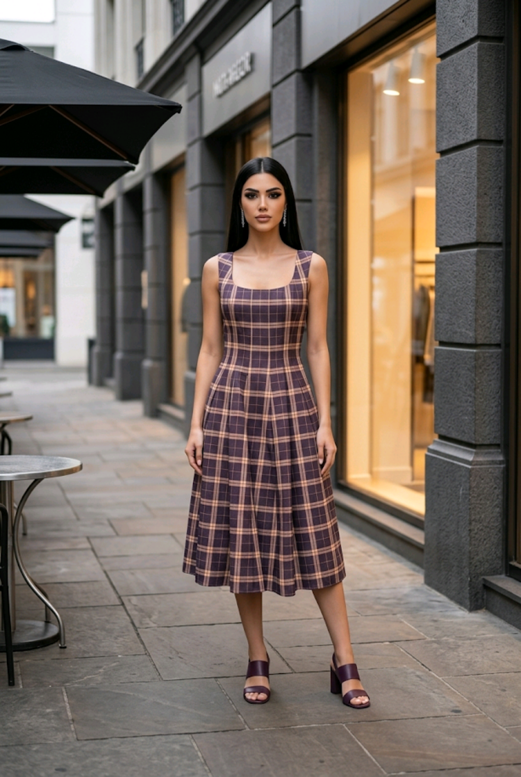 Brown Plaid Dress with Pockets and Lace Up Back, Size S