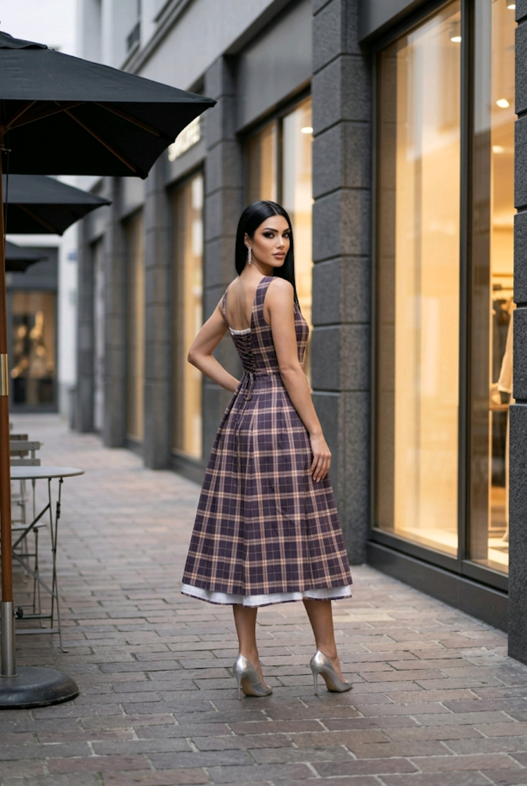 Brown Plaid Dress with Pockets and Lace Up Back, Size S