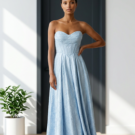 Light Blue Floral Gown with Side Slit and Lace Up Back, Size 8