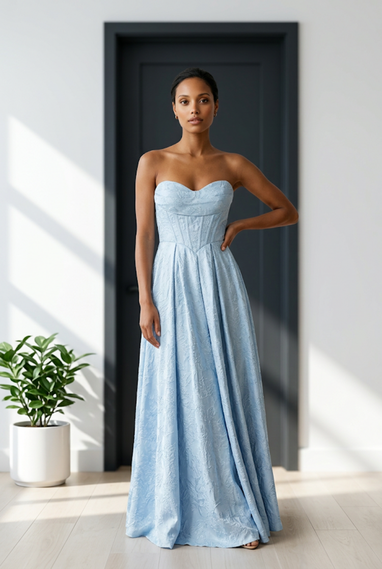 Light Blue Floral Gown with Side Slit and Lace Up Back, Size 8