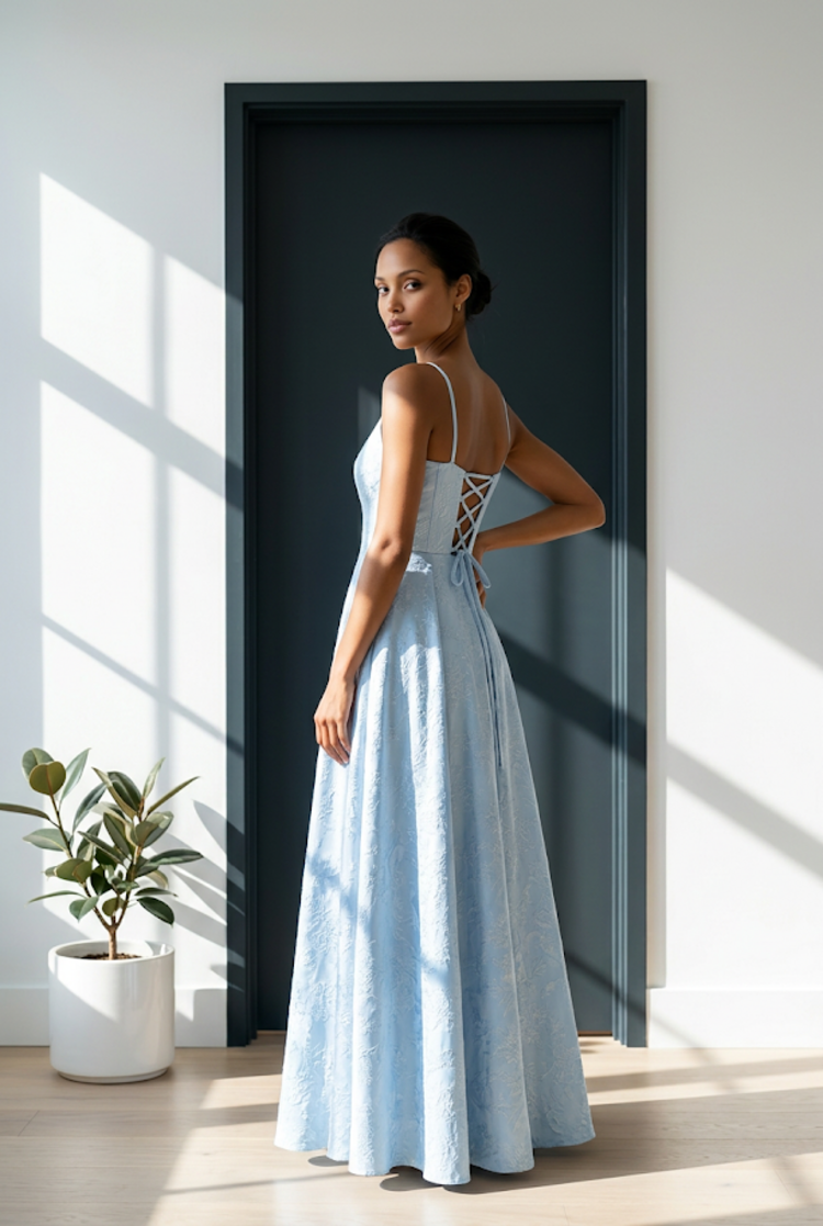 Light Blue Floral Gown with Side Slit and Lace Up Back, Size 8
