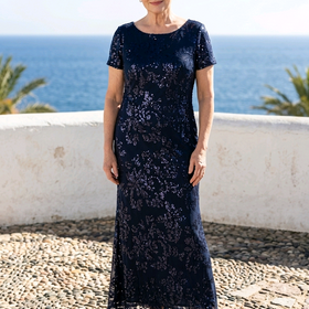 Navy Sequin Design Shortsleeve Gown with Lace Up Back, Size  24