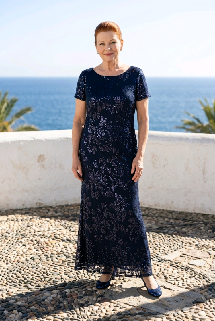 Navy Sequin Design Shortsleeve Gown with Lace Up Back, Size  24
