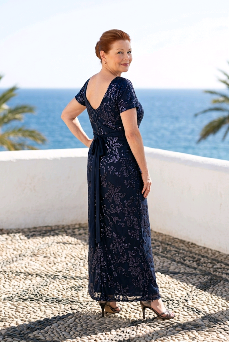 Navy Sequin Design Shortsleeve Gown with Lace Up Back, Size  24
