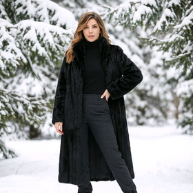 Black Dyed Mink Fur Long Coat w Swirl Design Hem, sz Large