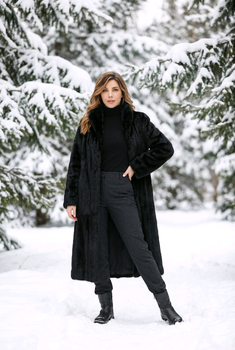 Black Dyed Mink Fur Long Coat w Swirl Design Hem, sz Large