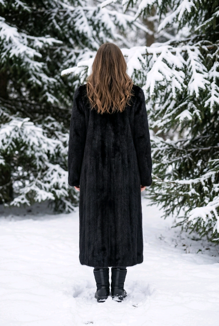 Black Dyed Mink Fur Long Coat w Swirl Design Hem, sz Large