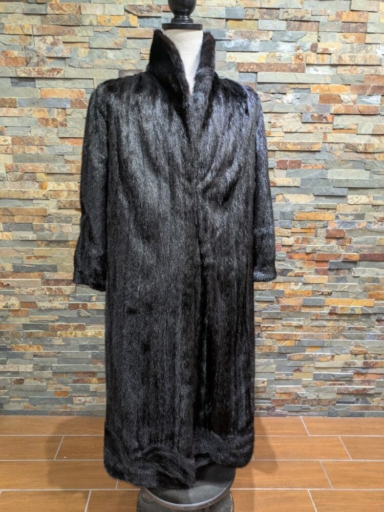 Black Dyed Mink Fur Long Coat w Swirl Design Hem, sz Large