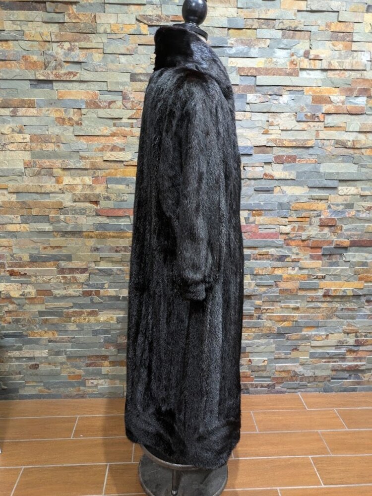 Black Dyed Mink Fur Long Coat w Swirl Design Hem, sz Large