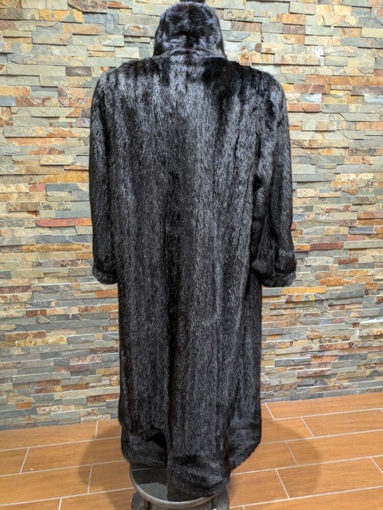 Black Dyed Mink Fur Long Coat w Swirl Design Hem, sz Large