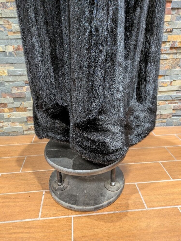 Black Dyed Mink Fur Long Coat w Swirl Design Hem, sz Large